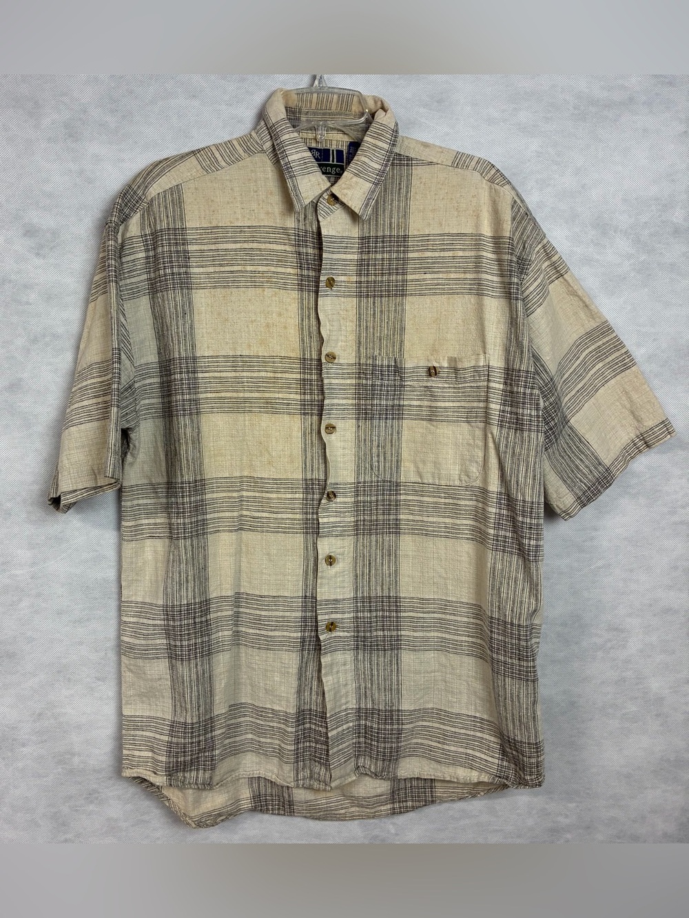 Vintage 80s 90s Revenge Button Up Plaid Shirt Men’s Size Large Gray White Stains